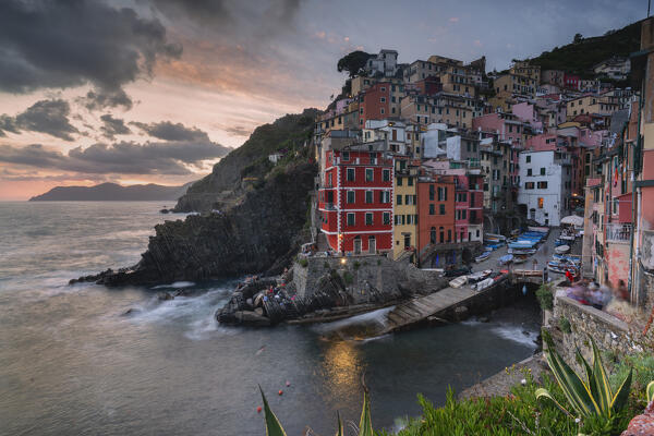 Riomaggiore at sunset, Cinque terre natural park in Liguria, Italy, Europe.