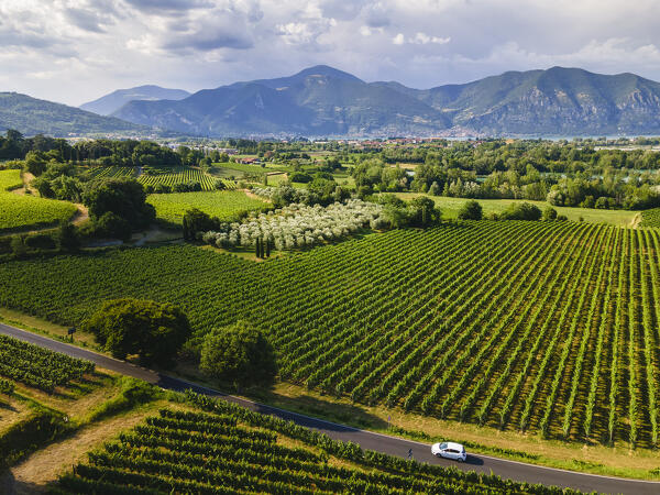 Aerial view from Franciacorta in Autumn season, Lombardy district, Italy, Europe.