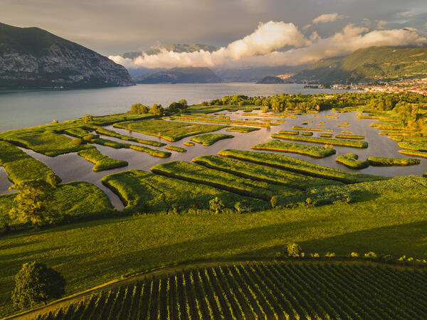 Aerial view from Franciacorta in Autumn season, Lombardy district, Italy, Europe.