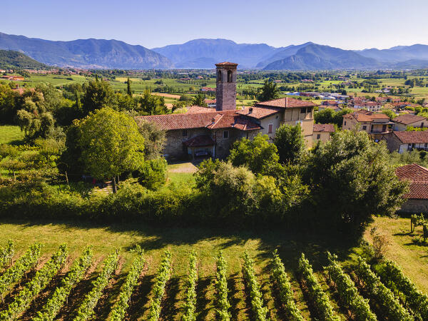 Aerial view from Franciacorta in Autumn season, Lombardy district, Italy, Europe.