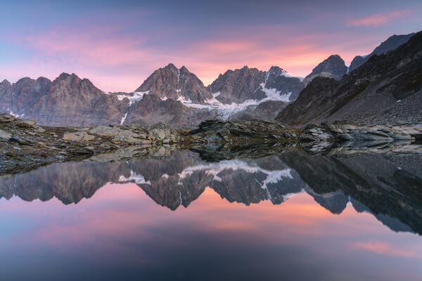 Lake of Forbici during sunrise and in background Bernina Group, Valmalenco, Valtellina, Sondrio Province, Lombardy, Italy, Europe