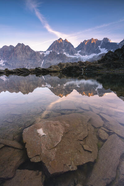 Lake of Forbici during sunrise and in background Bernina Group, Valmalenco, Valtellina, Sondrio Province, Lombardy, Italy, Europe