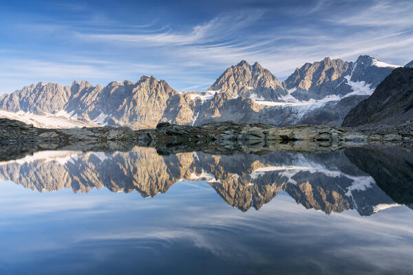 Lake of Forbici during sunrise and in background Bernina Group, Valmalenco, Valtellina, Sondrio Province, Lombardy, Italy, Europe