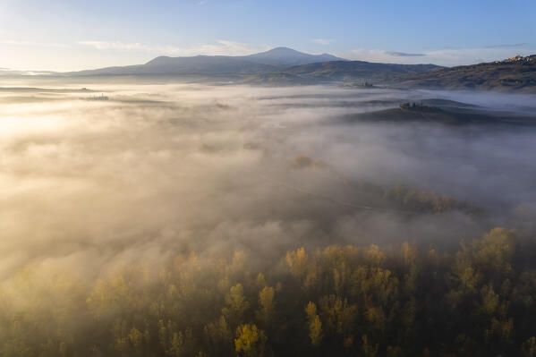 Aerial view in the morning, Orcia valley in Siena province, Tuscany, Italy.