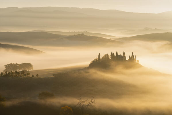 Belvedere farmhouse in Orcia valley at dawn in Siena province, Tuscany region, Italy.