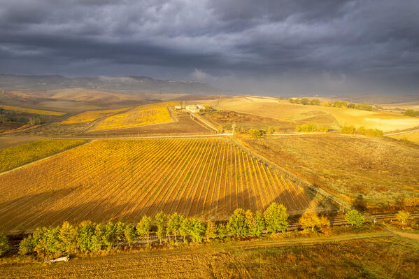 Storm at sunset in Orcia valley, Siena province in Tuscany region, Italy,