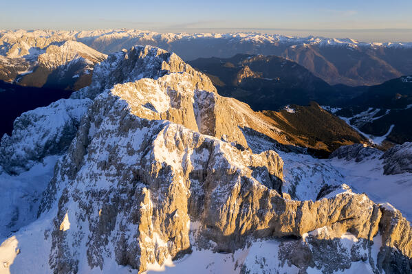 Mount Presolana aerial view at sunset in Bergamo province, Lombardy district, Italy.