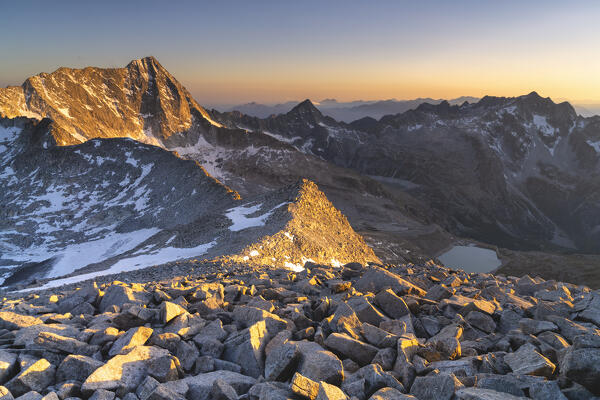 Landscape of Adamello park from Venerocolo peak in Vallecamonica, Brescia province in Lombardy district, Italy.