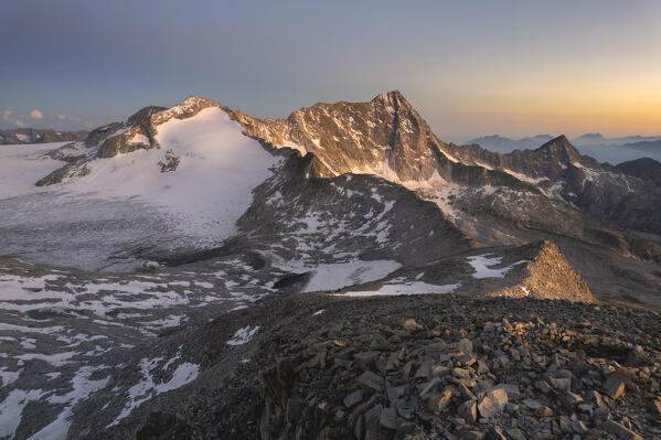 landscape of Adamello park from Venerocolo peak in Vallecamonica, Brescia province in Lombardy district, Italy.