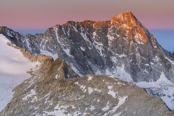 Adamello peak at dawn view from Venerocolo peak in Vallecamonica, Brescia province in Lombardy district, Italy.