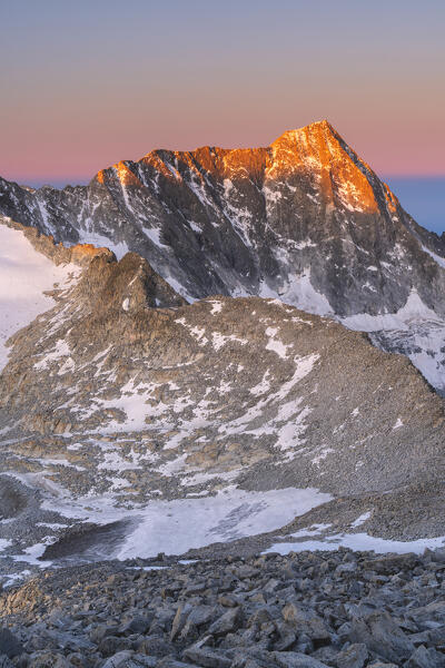 Adamello peak at dawn view from Venerocolo peak in Vallecamonica, Brescia province in Lombardy district, Italy.