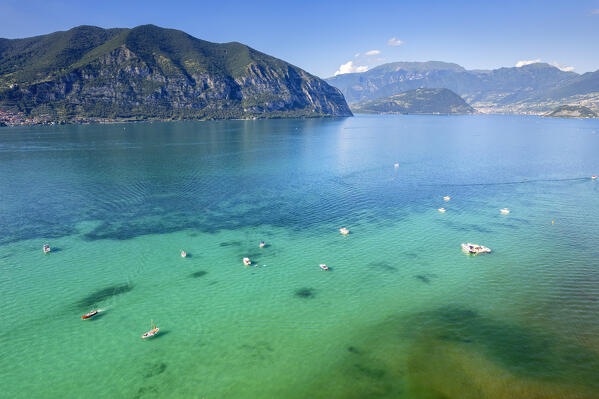 Iseo lake aerial view in summer days, Brescia province in Lombardy district, Italy, Europe.