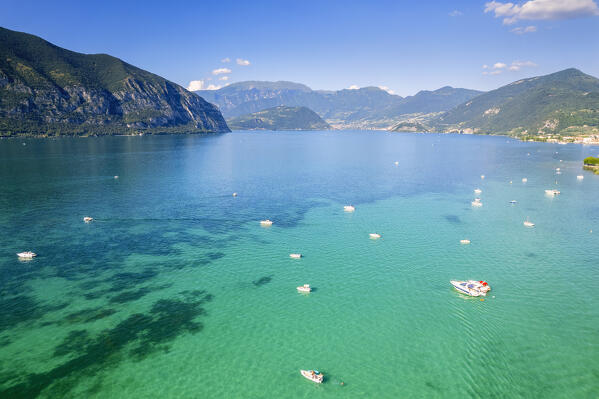 Iseo lake aerial view in summer days, Brescia province in Lombardy district, Italy, Europe.