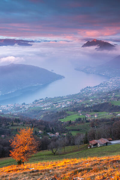 Iseo lake at sunset in Autumn season, Brescia province in Lombardy district, Italy.