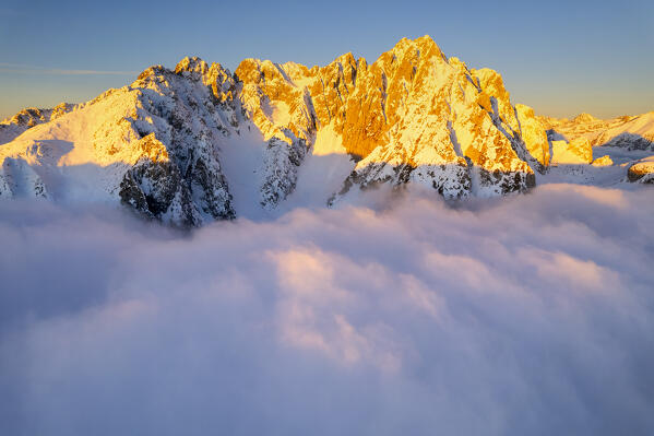 Italian alps sunrise aerial view in Lombardy district, Brescia province in Italy.