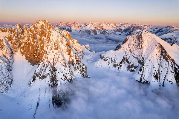 Italian alps sunrise aerial view in Lombardy district, Brescia province in Italy.