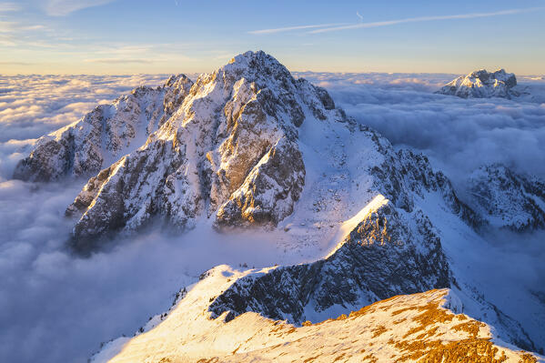 Italian alps sunrise aerial view in Lombardy district, Brescia province in Italy.