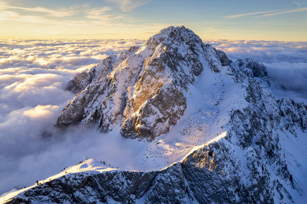 Italian alps sunrise aerial view in Lombardy district, Brescia province in Italy.