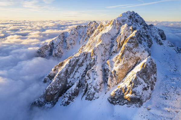 Italian alps sunrise aerial view in Lombardy district, Brescia province in Italy.