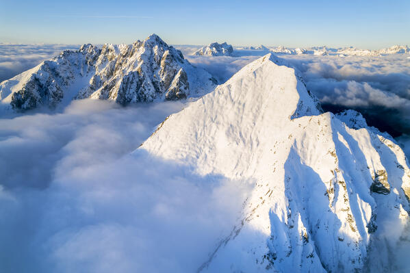 Italian alps sunrise aerial view in Lombardy district, Brescia province in Italy.