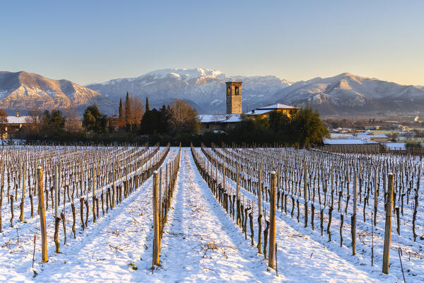 Sunrise in Franciacorta after a snowfall, Brescia province in Lombardy district, Italy.