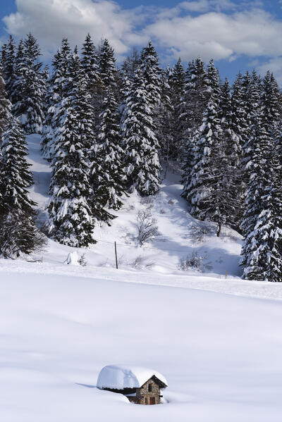 A solitary mountain hut in Tonale pass, Brescia province in Lombardy district, Italy.