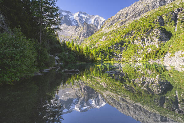 Reflections in Aviolo lake, Vezza d'Oglio in Brescia province, Lombardy district in Italy.