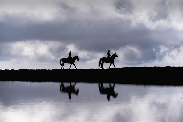 Horses in silhouette near the alpine lakes in Brescia prealpi, Brescia province in Lombardy district, Italy.