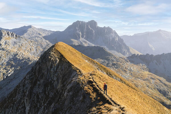 Trekkin in Adamello park in autumn season, Brescia province in Lombardy district, Italy, Europe.