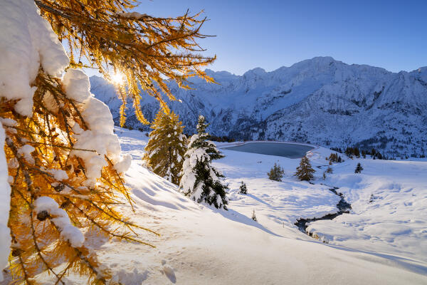 Landscape of Autumn and winter season in Tonale pass, Brescia province in Lombardy district, Italy, Europe.