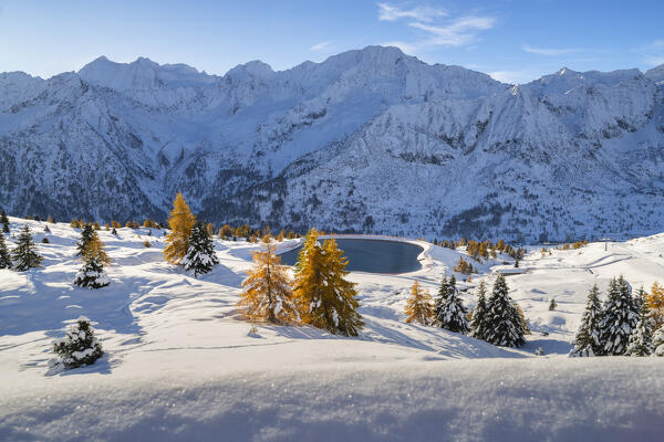 Landscape of Autumn and winter season in Tonale pass, Brescia province in Lombardy district, Italy, Europe.