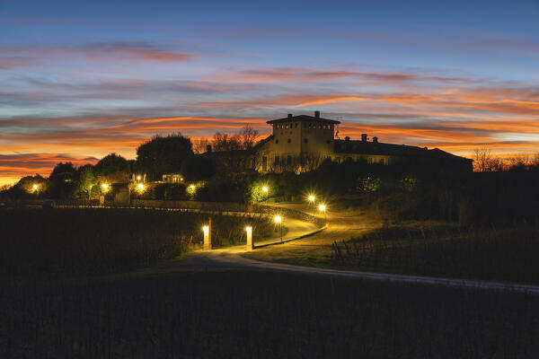 Sunset in Franciacorta vineyards country, Brescia province in Lombardy district, Italy, Europe.