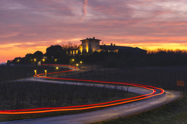 Sunset in Franciacorta vineyards country, Brescia province in Lombardy district, Italy, Europe.