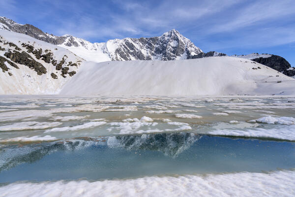 Winter season in Adamello park, Mount Adamello in Italian alps, Lombardy district, Brescia province in Italy.