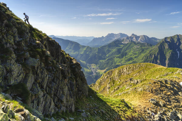 Trail and hike in Orobie alps, Seriana valley in Bergamo province, Lombardy district, Italy.