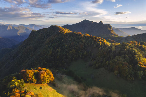 Aerial view from Brescia prealpi in autumn season, Brescia province in Lombardy district, Italy.