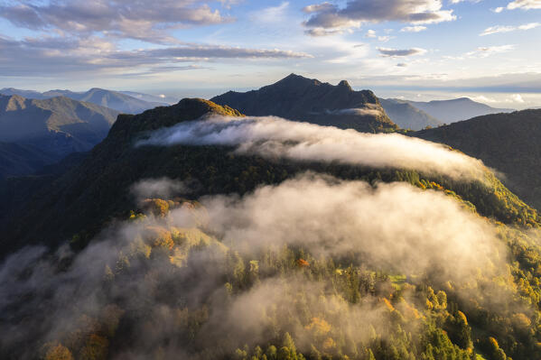 Aerial view from Brescia prealpi in autumn season, Brescia province in Lombardy district, Italy.