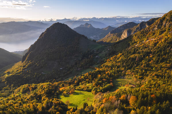 Aerial view from Brescia prealpi in autumn season, Brescia province in Lombardy district, Italy.