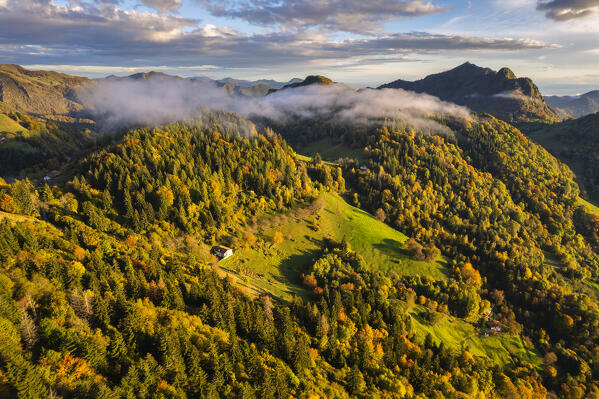 Aerial view from Brescia prealpi in autumn season, Brescia province in Lombardy district, Italy.