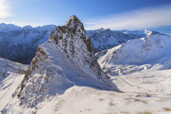 Landscape from italian alps, mountains near tonalepass in Brescia province, Lombardy, Italy, Europe.