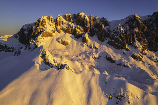 Landscape of Italian Alps in Winter season, Aerial view from Presolana group during a sunrise, Orobie alps in Bergamo province, Seriana valley in Italy, Europe.