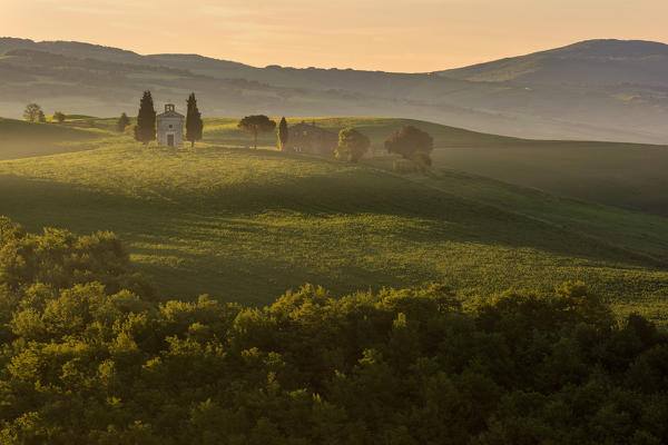 The Chapel of Madonna of Vitaleta dawn, San Quirico d'Orcia, Tuscany, Italy