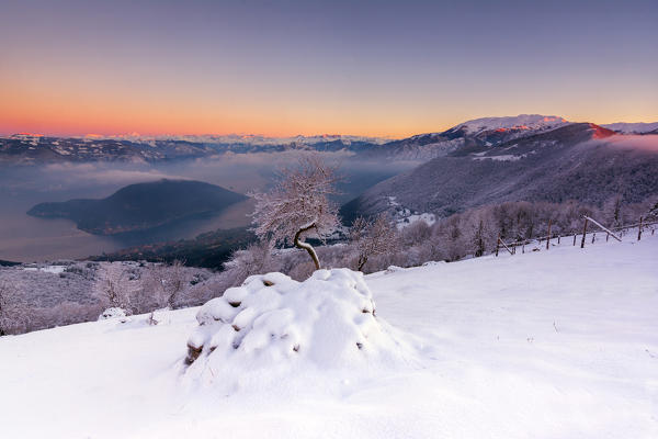 Montisola and Iseo lake, view from Colmi of Sulzano, province of Brescia, Italy