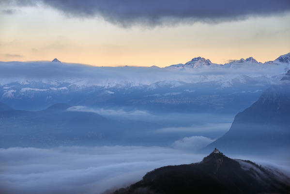 Europe, Italy, Atmosphere over Lake Iseo at dawn, province of Brescia.