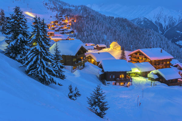 Blue Hour in Bettmeralp, canton Valais, Switzerland.