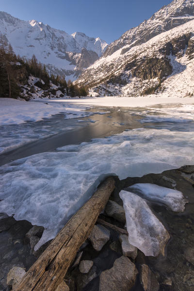 Thaw in Aviolo lake, Adamello park, province of Brescia, Italy.