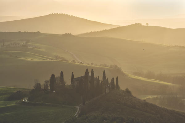 Sunrise in Val d'Orcia, Siena province, Tuscany district, Italy.