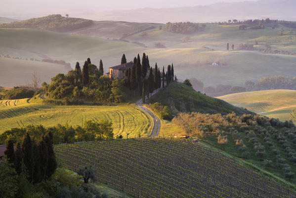 Europe, Italy, Orcia Valley at dawn, province of Siena, Tuscany.