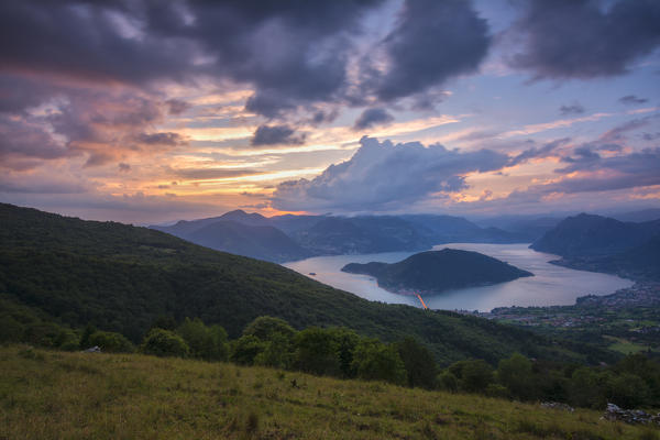 Europe, Italy, sunset over the floating piers in iseo lake, province of Brescia.