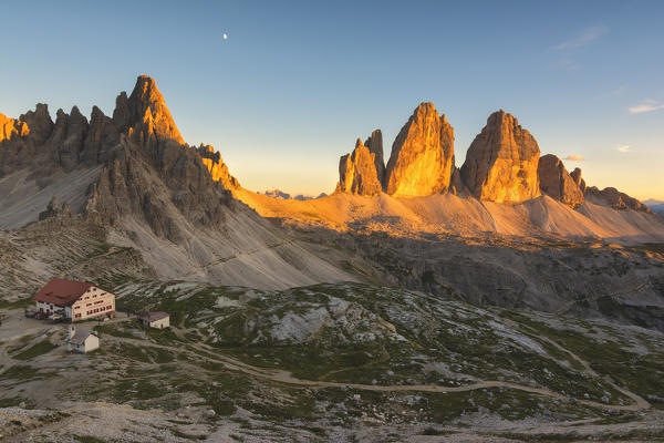 Tre Cime di Lavaredo and Mount Paterno at Sunset, Bolzano province, Trentino Alto Adige, Italy.